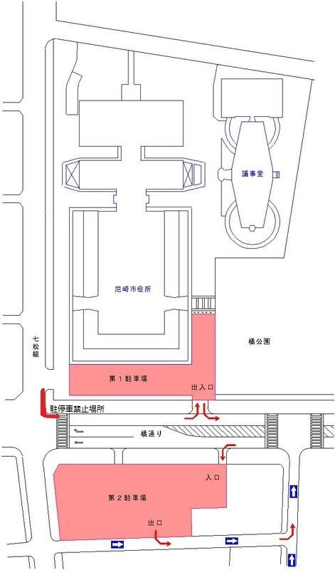 本庁舎第1駐車場・第2駐車場　アクセス方法　配置図
