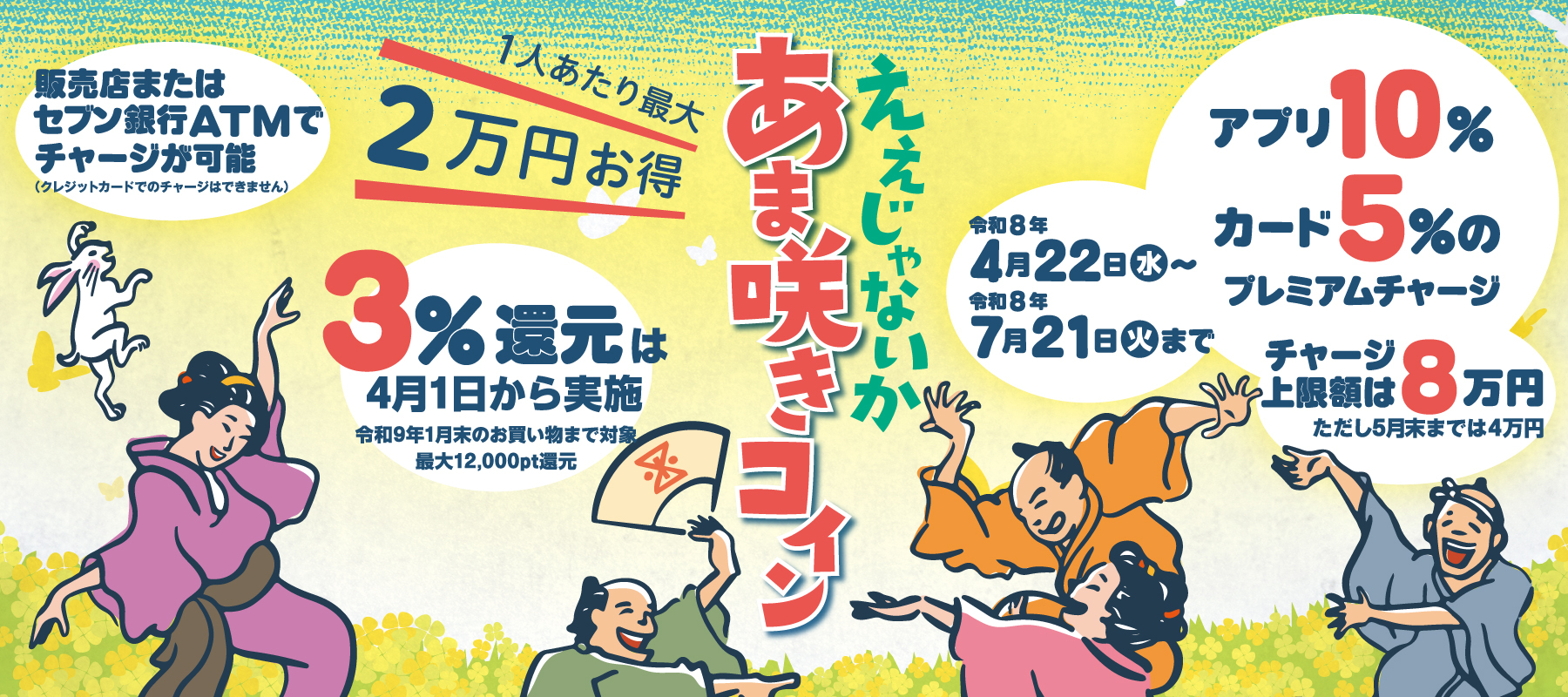 あま咲きコイン　アプリ10%　カード5%のプレミアムチャージ　上限8万円　一人あたり最大2万円お得