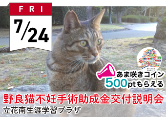 野良猫不妊手術助成金交付説明会7月24日　立花南生涯学習プラザ