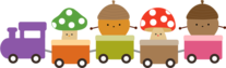 植物のキャラクターが汽車に乗っているイラスト