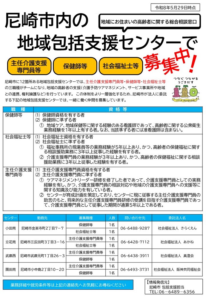 尼崎市に12箇所ある地域包括支援センターでは、主任介護支援専門員等・保健師等・社会福祉士等の三職種がチームになり、地域の高齢者の支援（介護予防ケアマネジメント、サービス事業所や地域との連携、権利擁護など）を行っています。この体制をより一層強化するため、尼崎市が法人に委託する地域包括支援センターでは、一緒に働く仲間を募集しています。