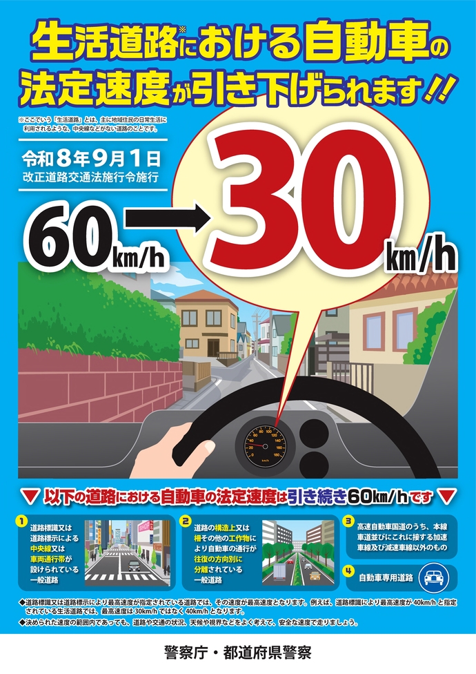 生活道路における法定速度の引き下げ
