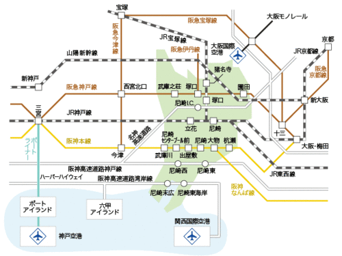 車で尼崎市へのアクセス方法を示す図