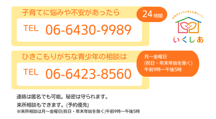 子どもや子育てで困ったら、総合相談窓口までお電話下さい。 電話番号は、06-6430-9989 FAX番号は、06-6409-4297