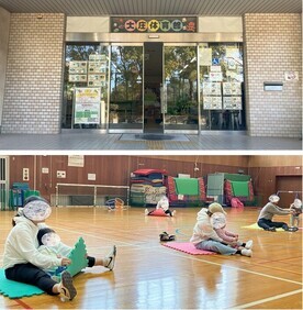 体育館と体操の様子の写真