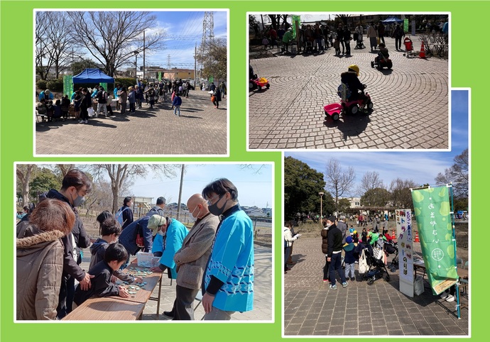 農業公園梅祭りのスタンプラリー景品交換とこどもトラクターの様子