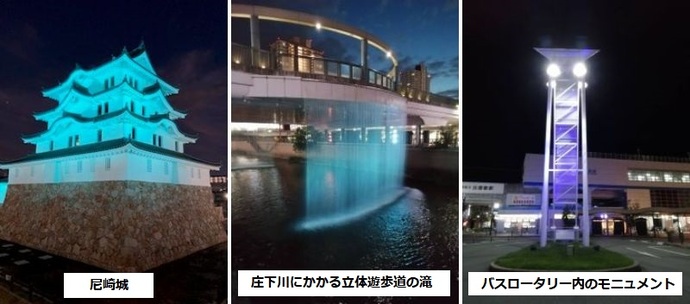尼崎城、阪神尼崎駅北側　庄下川にかかる立体遊歩道の滝、阪神出屋敷駅北側　バスロータリー内のモニュメントの写真