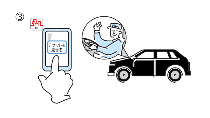 降車する時に「チケットを見せる」のボタンをタップして、スマートフォンの乗車券画面を乗務員に提示する。