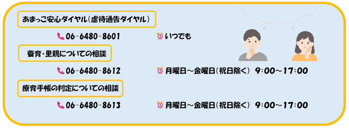 あまっこ安心ダイヤル（虐待通告ダイヤル）	06-6480-8601	いつでも　養育・里親についての相談	06-6480-8612	 月曜日～金曜日（祝日除く）  午前9時00分～午後5時00分  療育手帳の判定についての相談	06-6480-8613	 月曜日～金曜日（祝日除く）  午前9時00分～午後5時00分