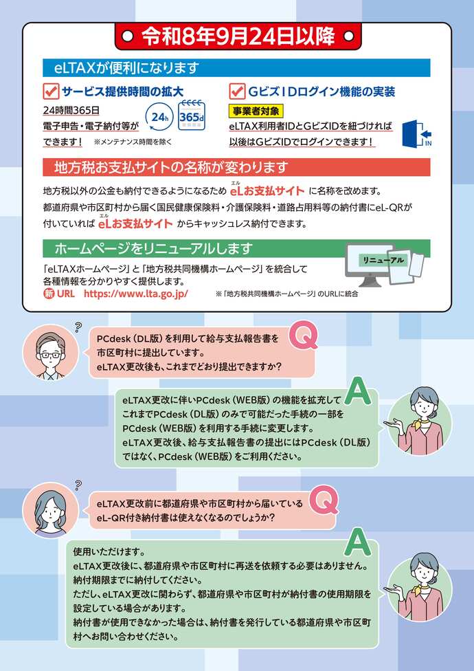 9月24日以降の変更点は3つ。1、eLTAXが終日365日利用可能やGビズIDログインが可能となり便利になる。2、「地方税お支払いサイト」から「eLお支払いサイト」に名称が変わる。3、「eLTAXホームページ」と「地方税共同機構ホームページ」が統合してリニューアルする。(外部リンク・新しいウィンドウで開きます)